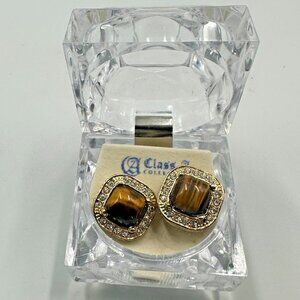 3/$30 Tiger Eye Square Stud Earrings Gold Tone Rhinestone Halo Statement Pierced